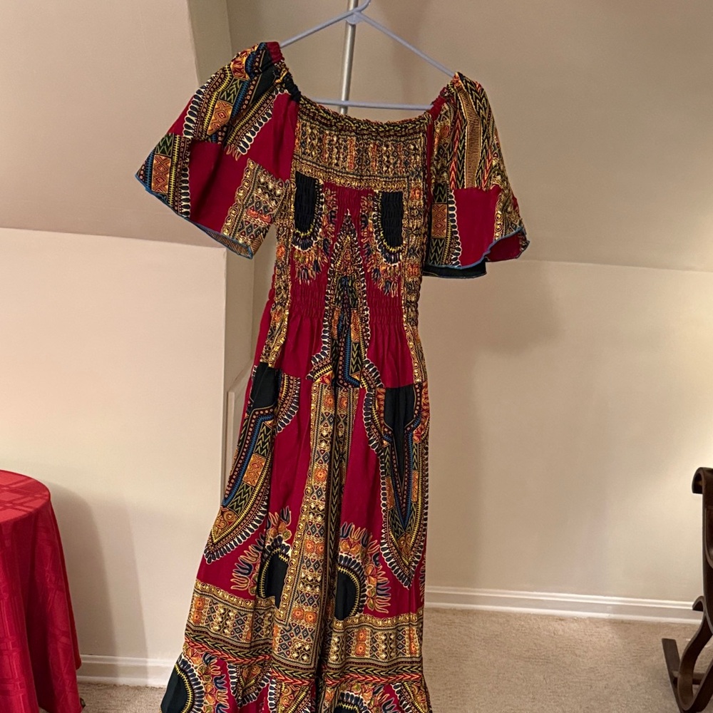 Red Printed Maxi Dress with Smocked Bodice